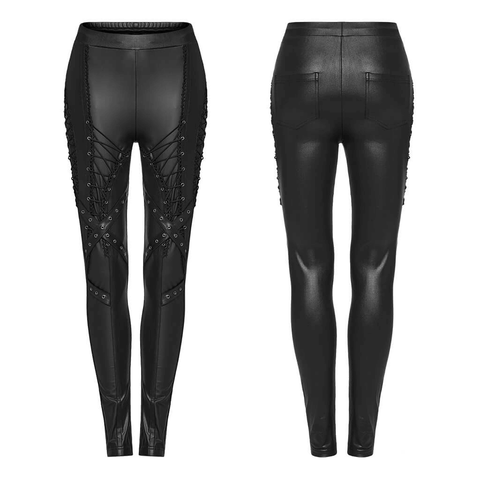 Women's black faux leather lace-up pants with punk style detailing.