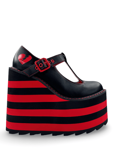 Bold Red Buckle Striped Heel - Vegan Leather.