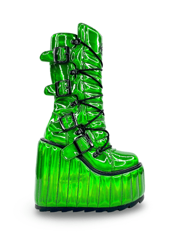 Women's Green Patent Leather Boots with High Platform.