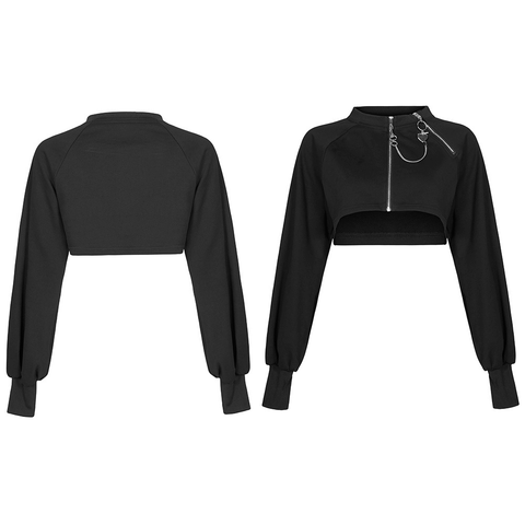 Edgy Punk Style: Black Chain Detail Zip-Up Crop Jacket.