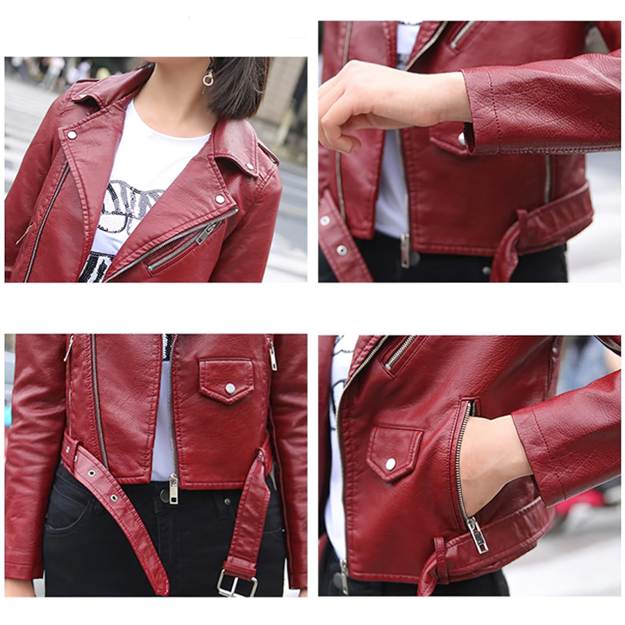  Kanpcelns Women Rivet Beading PU Leather Jacket