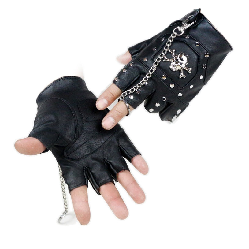 Genuine Sheepskin Half Finger Skull Head Rivet Gloves