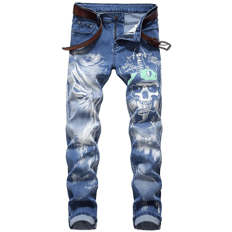 Mens Punk Vintaged Skull Graffiti Print Ripped Denim Jeans 