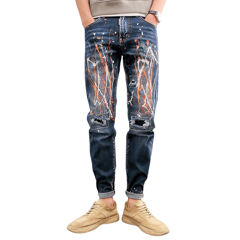 Blue with Multicolour Paint Splatter Jeans Skinny Style Men Jeans