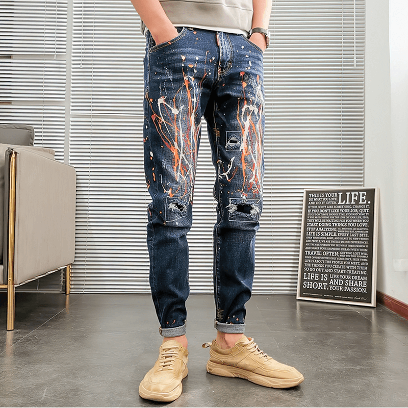 Men's Graffiti Ripped Pants Elegant Fashion Casual Slim Jeans