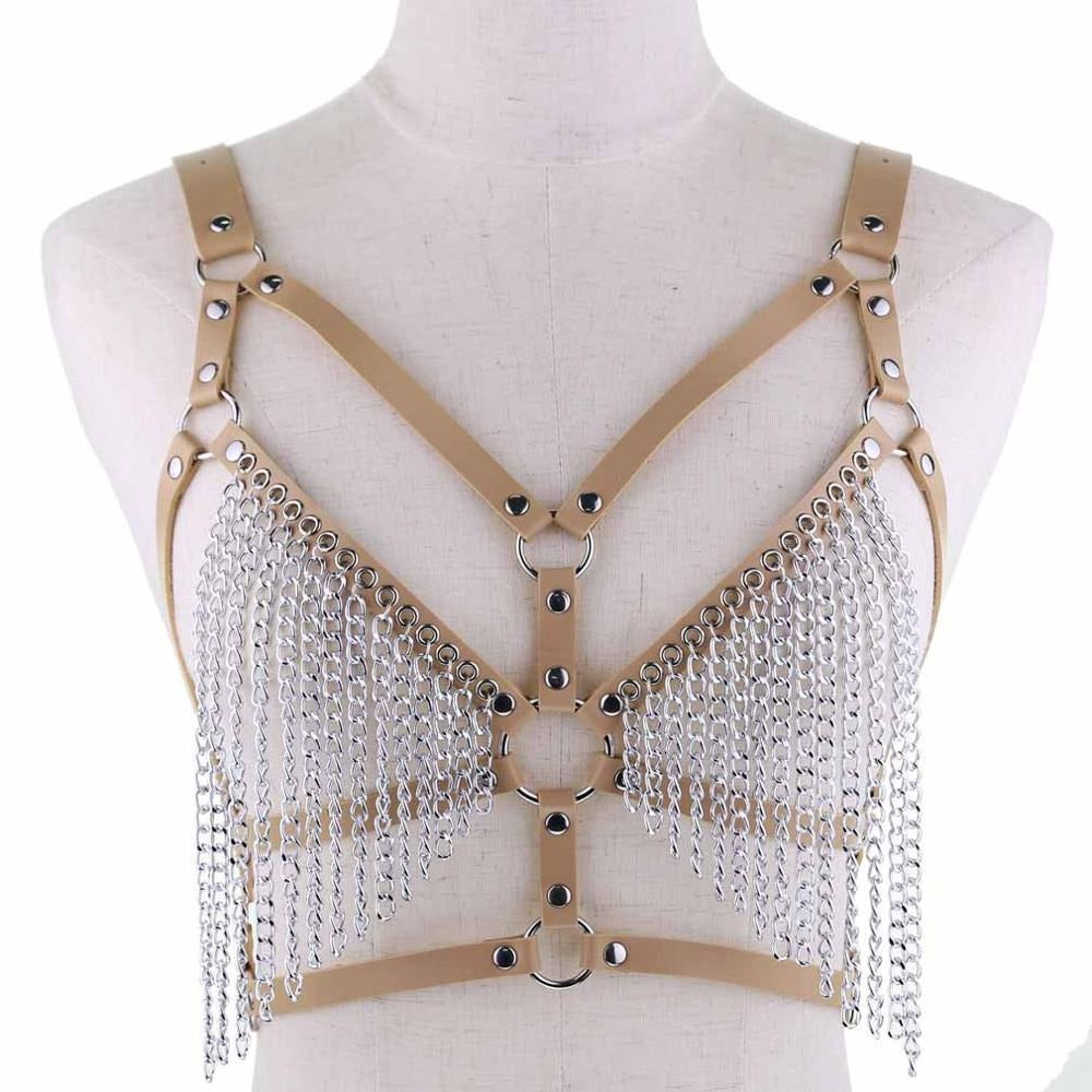 Twinklede Punk Leather Body Chain Bra Silver Layered Chest Chains Festival  Rave Harness Chain Body Chain Jewelry for Women and Girls, 1 Count (Pack of