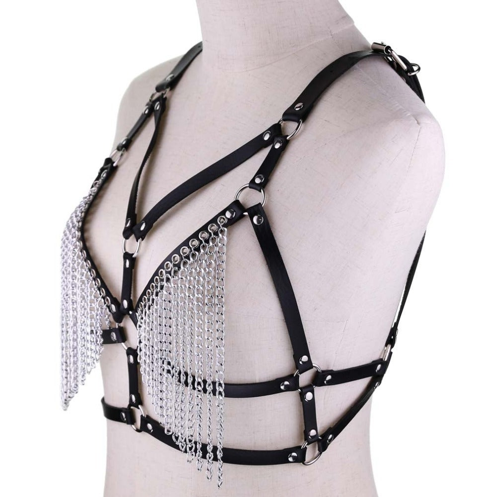 Leather Body Harness Bra for Women Metal Chain Body Caged Crop Tops Adjust  Size Strappy Hollow Out Frame Punk Goth Dance Rave Costume [<8 JQT Goth