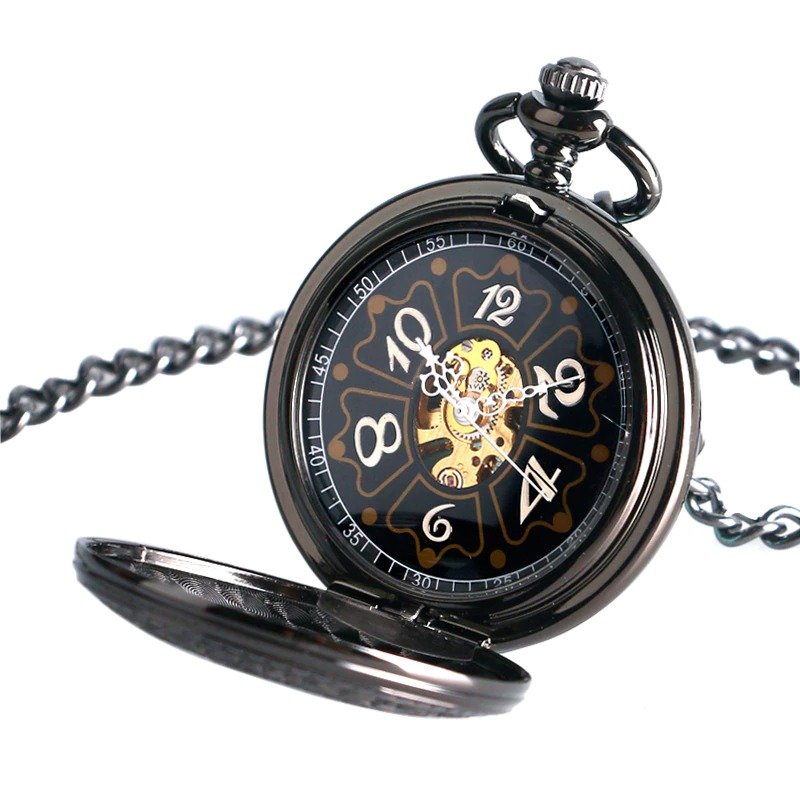 Black Quartz Pocket Chain Watch with Skull in Gothic Style