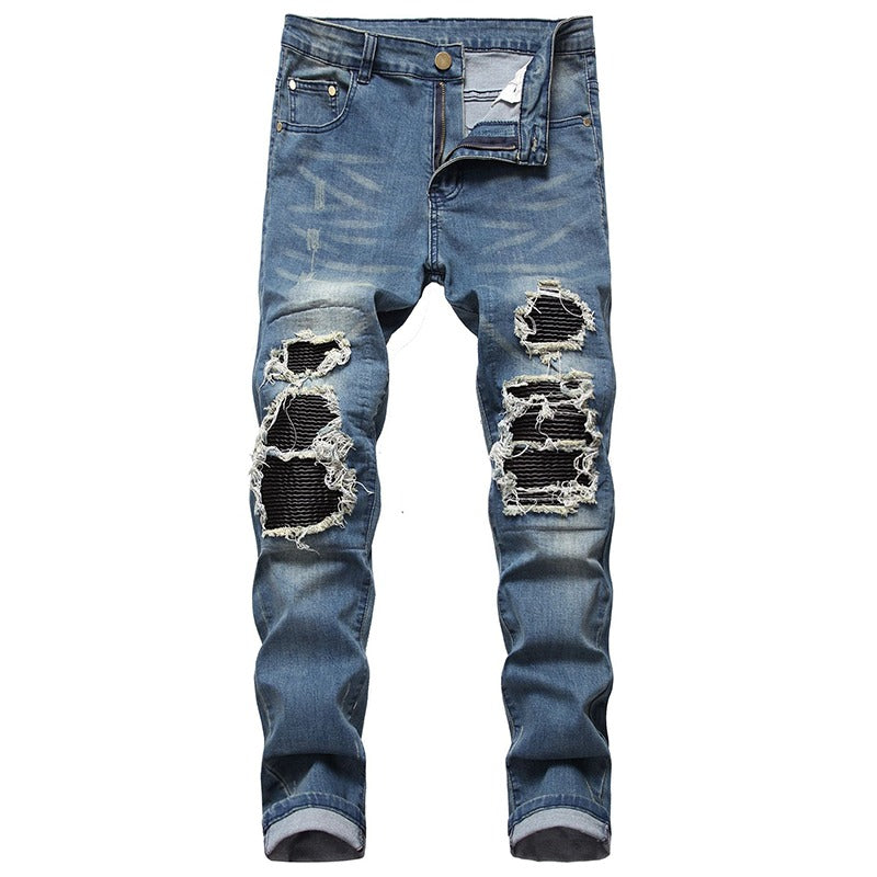 Men's Slim Ripped Jeans With Rhinestones / Fashion Black Stretch