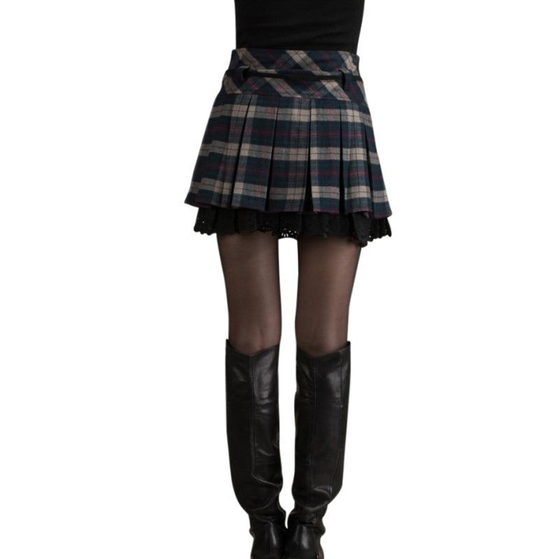 Women High Waist Midi Plaid Skirt in British Style