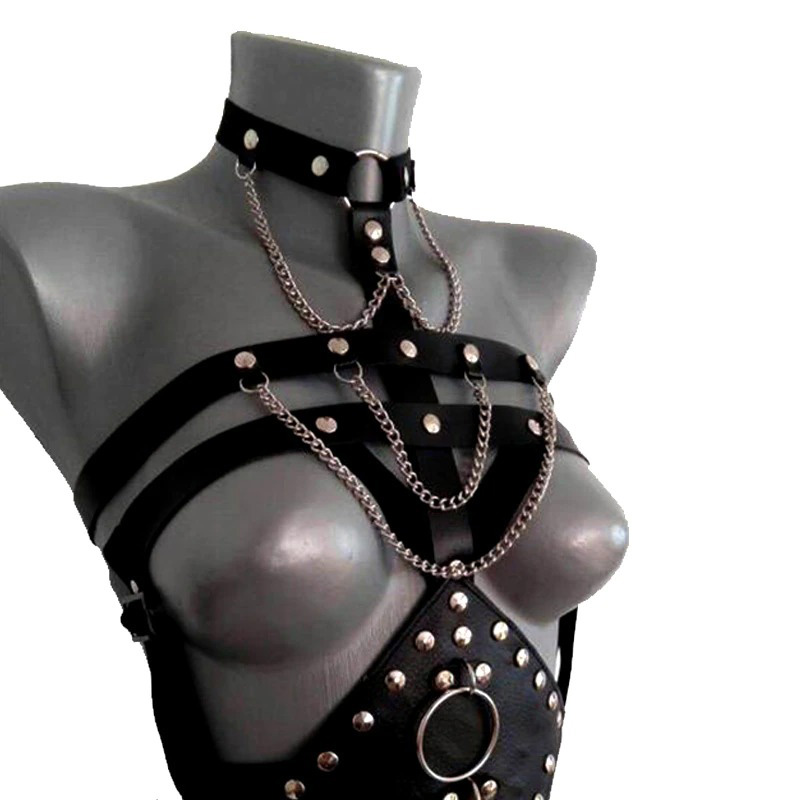 Chest Harness With Chain, Erotic Leather Bra With Chain, Leather