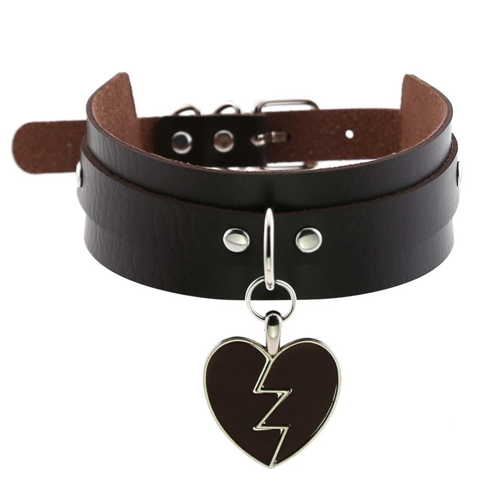 Goth Leather Heart Choker with Chain / Punk Adjustable Collar