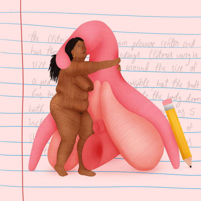 illustration of a person hugging the clitoris by pink bits