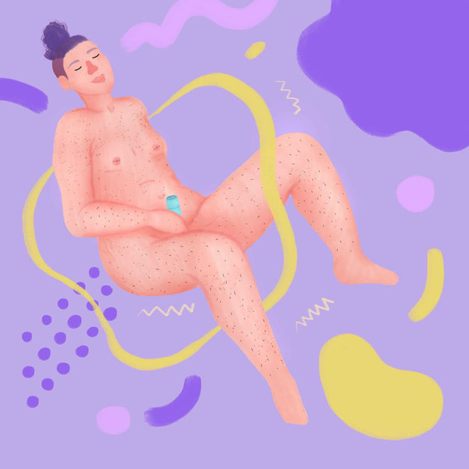 purple illustration of a person using a vibrator by pink bits