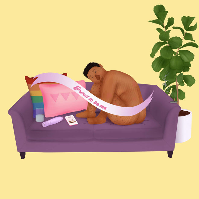 illustration of a person celebrating pride on a sofa with words 'proud to be me' on a banner