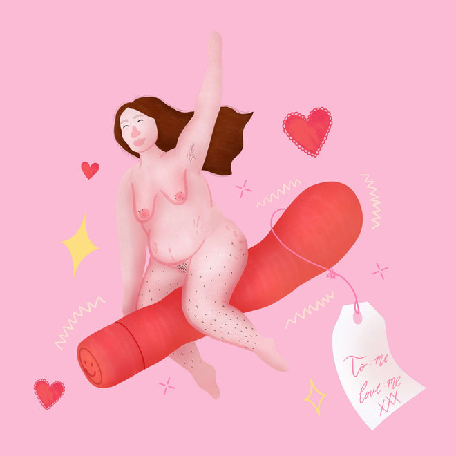 Pink illustration of a person riding a red vibrator by pink bits