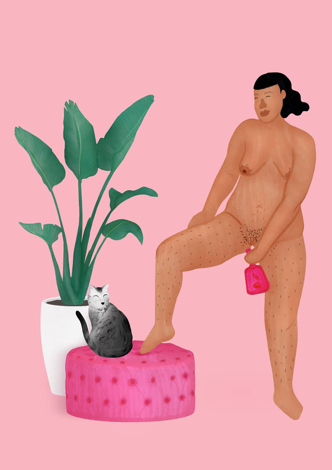 Pink illustration of a person looking at their vulva in a handheld mirror by Pink Bits