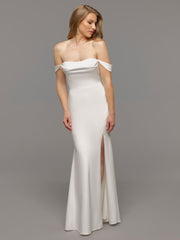 Image of blonde woman modeling a white off-the-shoulder simple wedding dress.