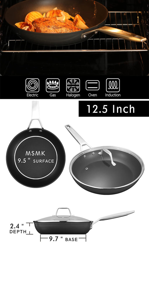 MsMk 12 Inch Nonstick Frying Pan with Lid，Titanium and Ceramic Nonstick  skillet with lid, PFOA Free Non-Toxic, Stay-Cool Handle, Scratch-resistant
