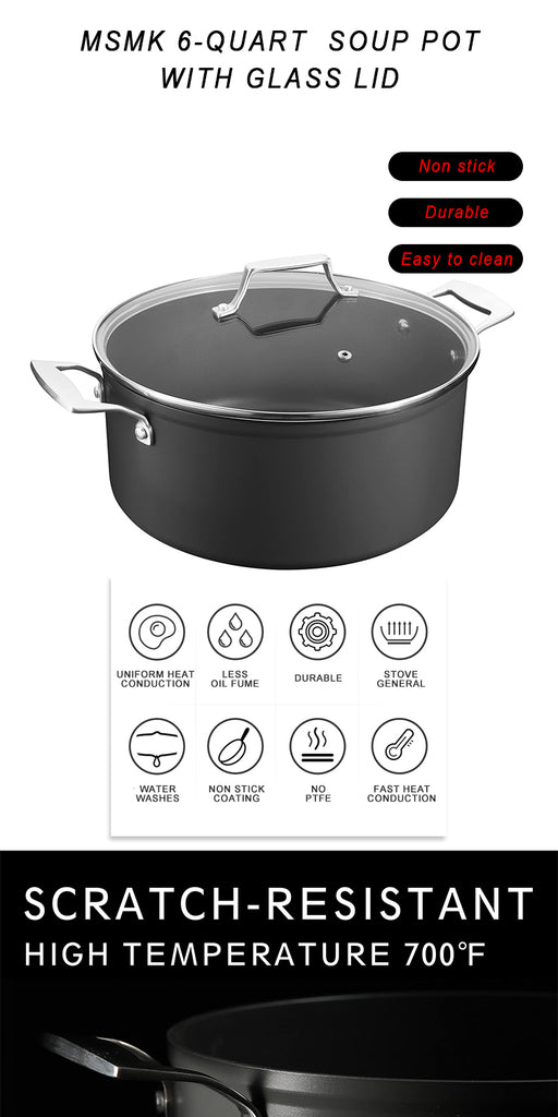 MSMK 6-Quart Stock Pot / Stockpot / Pasta Pot / Soup Pot with Glass Lid,  Burnt also Nonstick, Lasting Non stick, Oven safe to 700°F, Induction