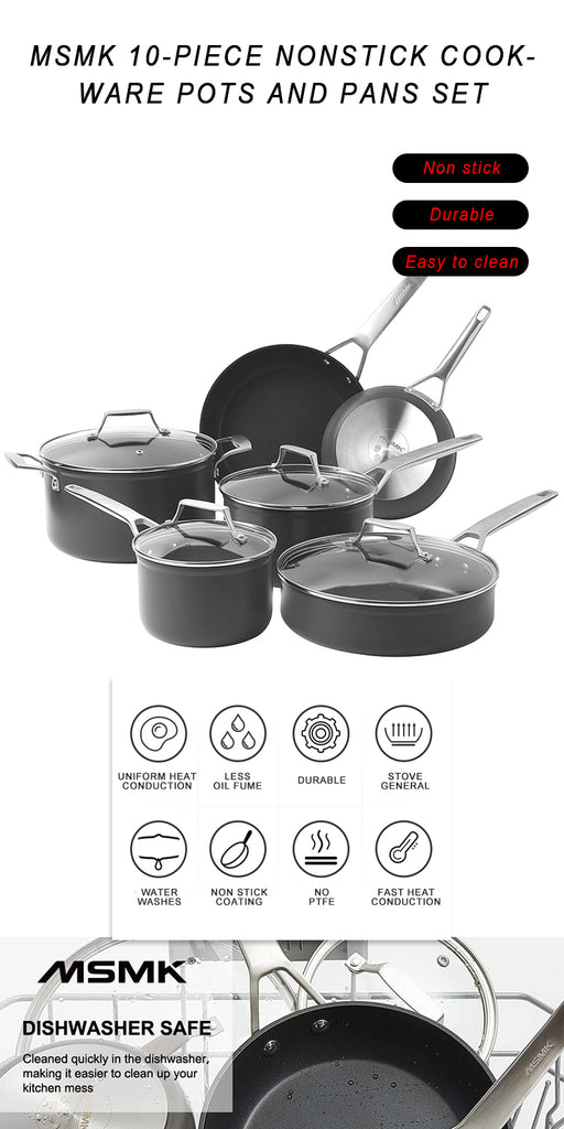 MsMk 10-Piece Pots and Pans Set Non Stick, Durable and Stable Cookware Sets for Building A Starter Kitchen or Refreshing, Even Heating, Easy