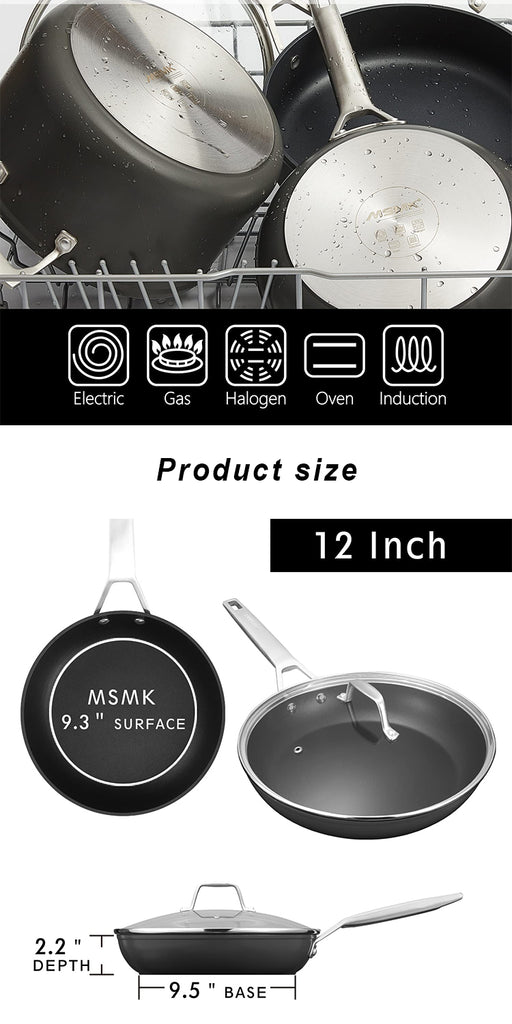 MsMk 12 inch Large Nonstick Frying Pan with Lid, Carbonize also 12