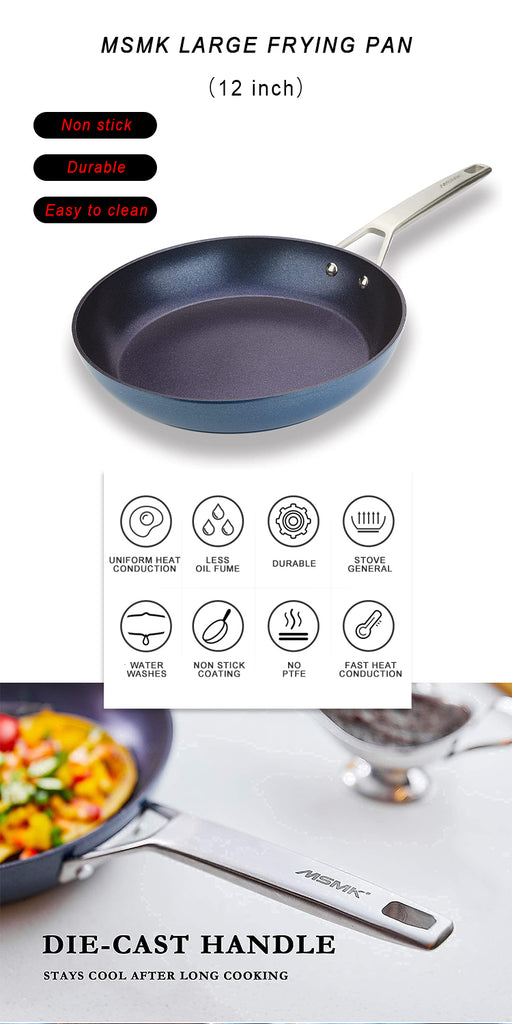 MsMk Large Frying Pan, 12-Inch PFOA Free Nonstick Meat Omelet Skillet,  Stay-Cool Handle, Titanium and Diamond Non Stick Coating From USA, Smooth