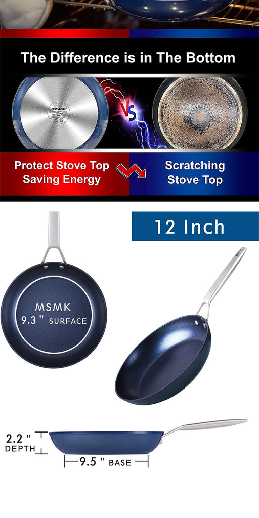 MsMk Large Frying Pan, 12-Inch PFOA Free Nonstick Meat Omelet Skillet,  Stay-Cool Handle, Titanium and Diamond Non Stick Coating From USA, Smooth
