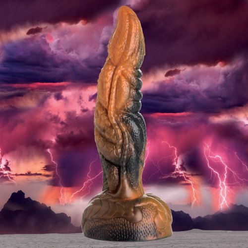 Sci-fi/fantasy image of this tentacled dildo, featuring an ominous background of far-off mountains, pink and purple stormy clouds and giant pink bolts of lightening.
