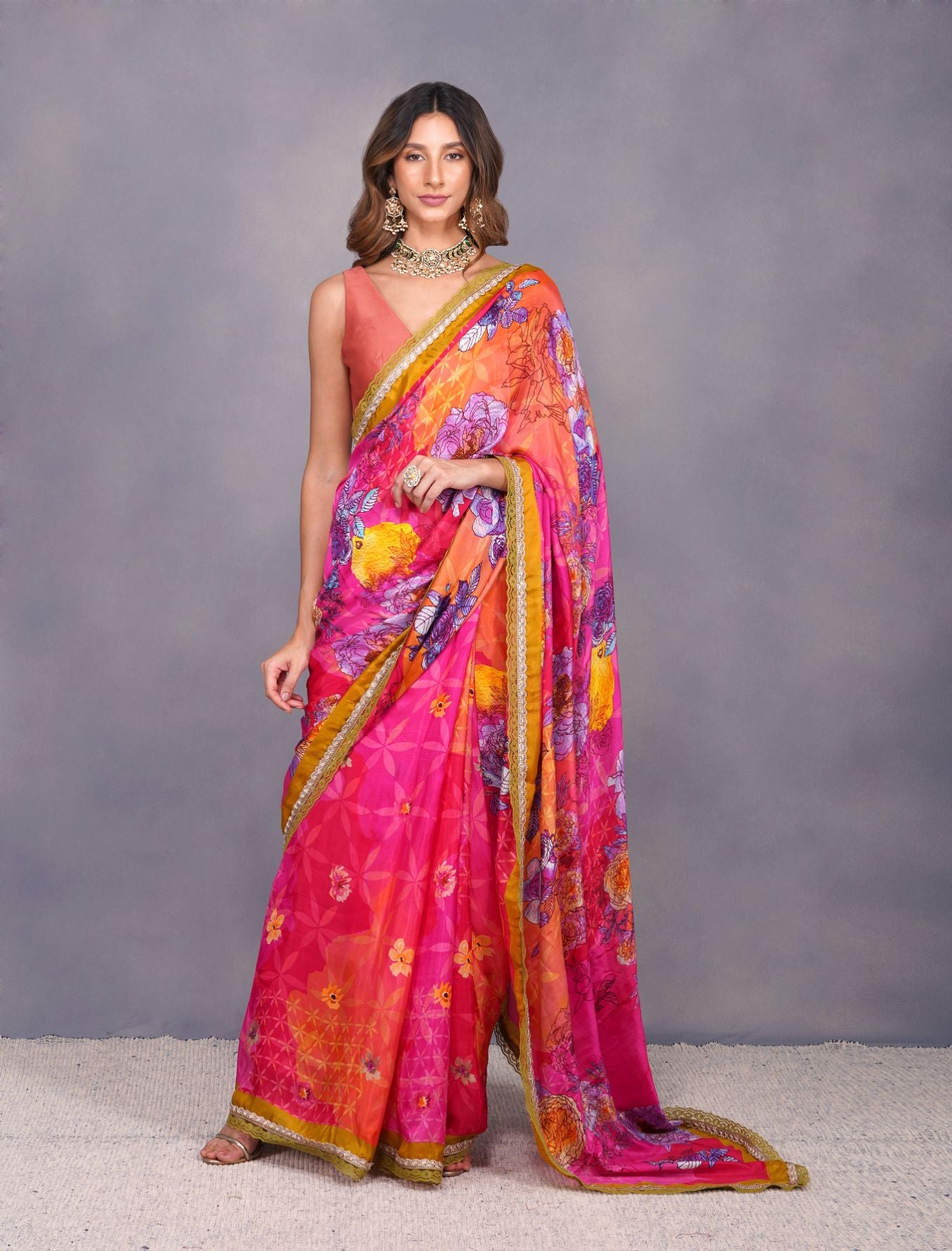 Black Floral Print Saree – Designer Pithi