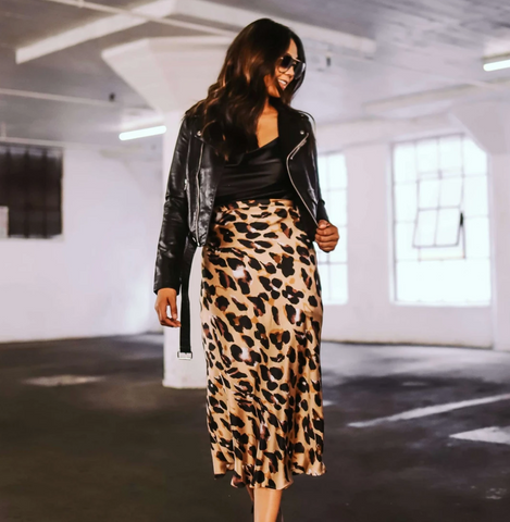 Satin Leopard Midi Skirt - Taupe Combo