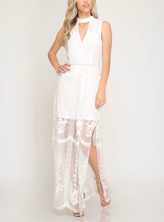 Girl Talk Sleeveless Mesh Lace Maxi Dress with Side Slit in More Color ...