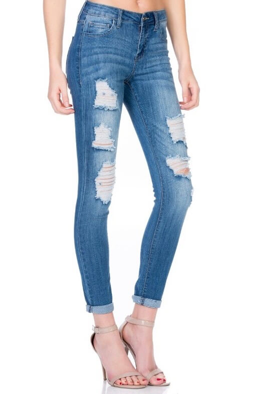 Victoria Destroyed Mid Rise Rolled Skinny in Medium Wash – Shop Hearts