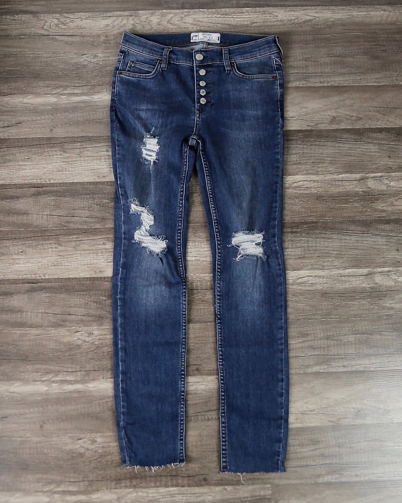 Free People - Reagan Distressed Button Front Jeans in Light Denim ...