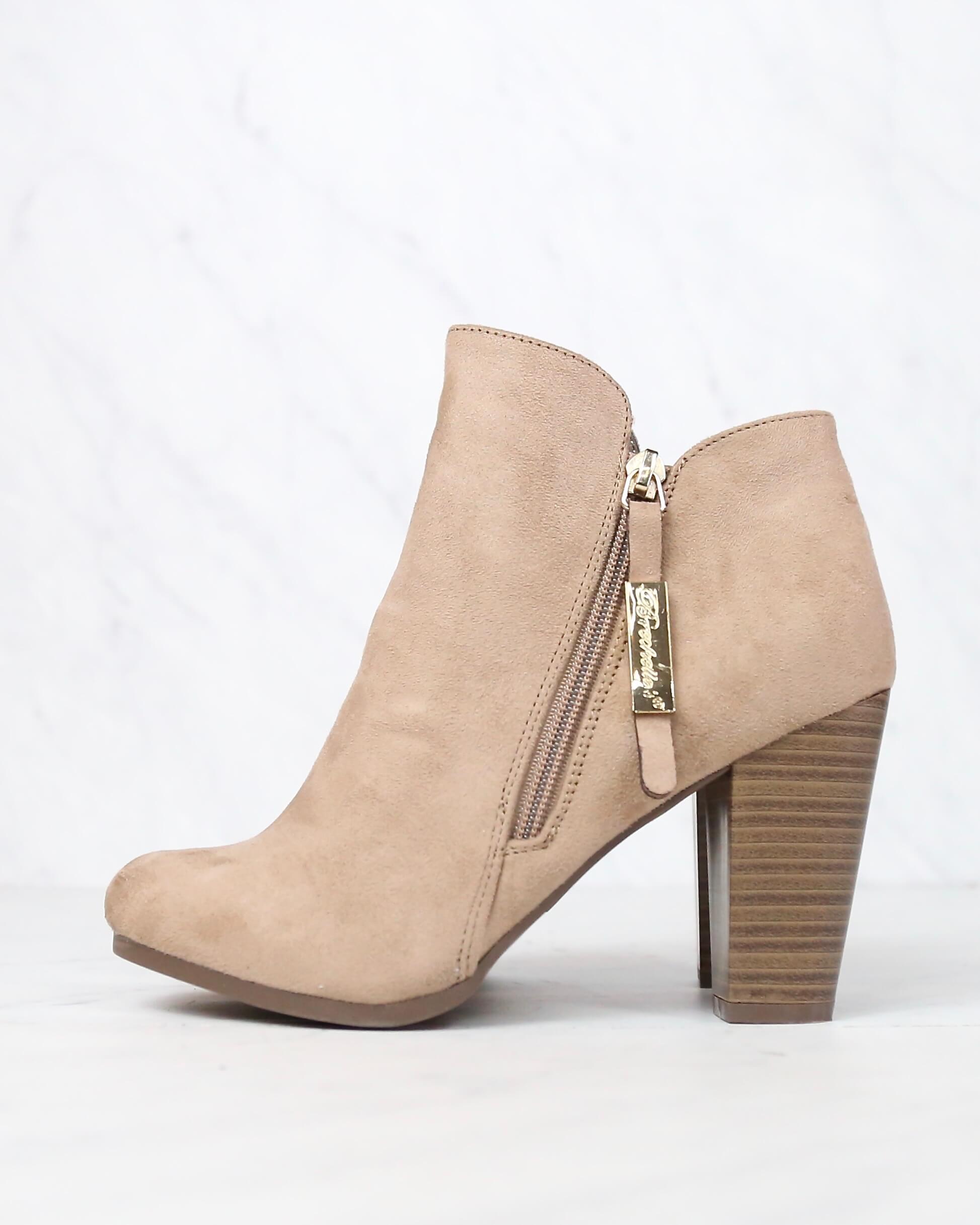 Almond Toe Stacked Heel Vegan Suede Booties Breckelles Gina 31 – Shop