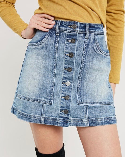 denim skirt with buttons down the front