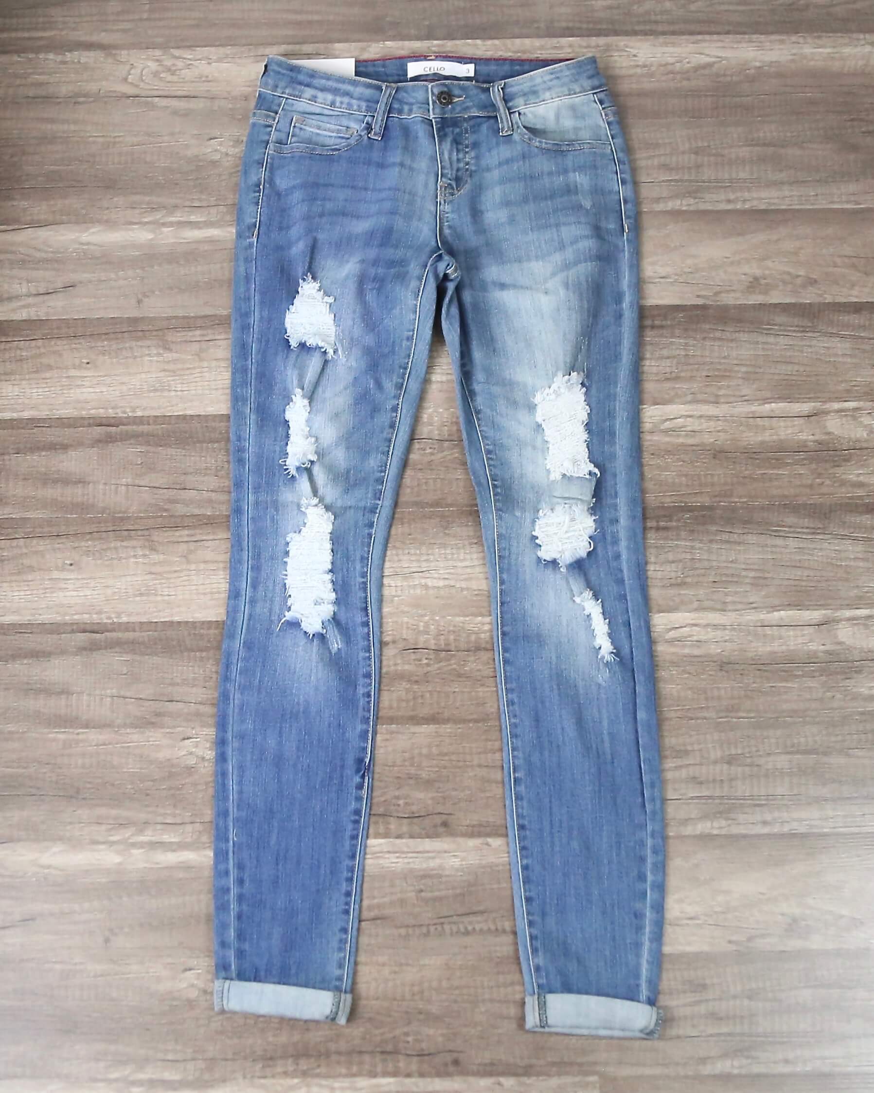 Victoria Destroyed Mid Rise Rolled Skinny in Medium Wash – Shop Hearts