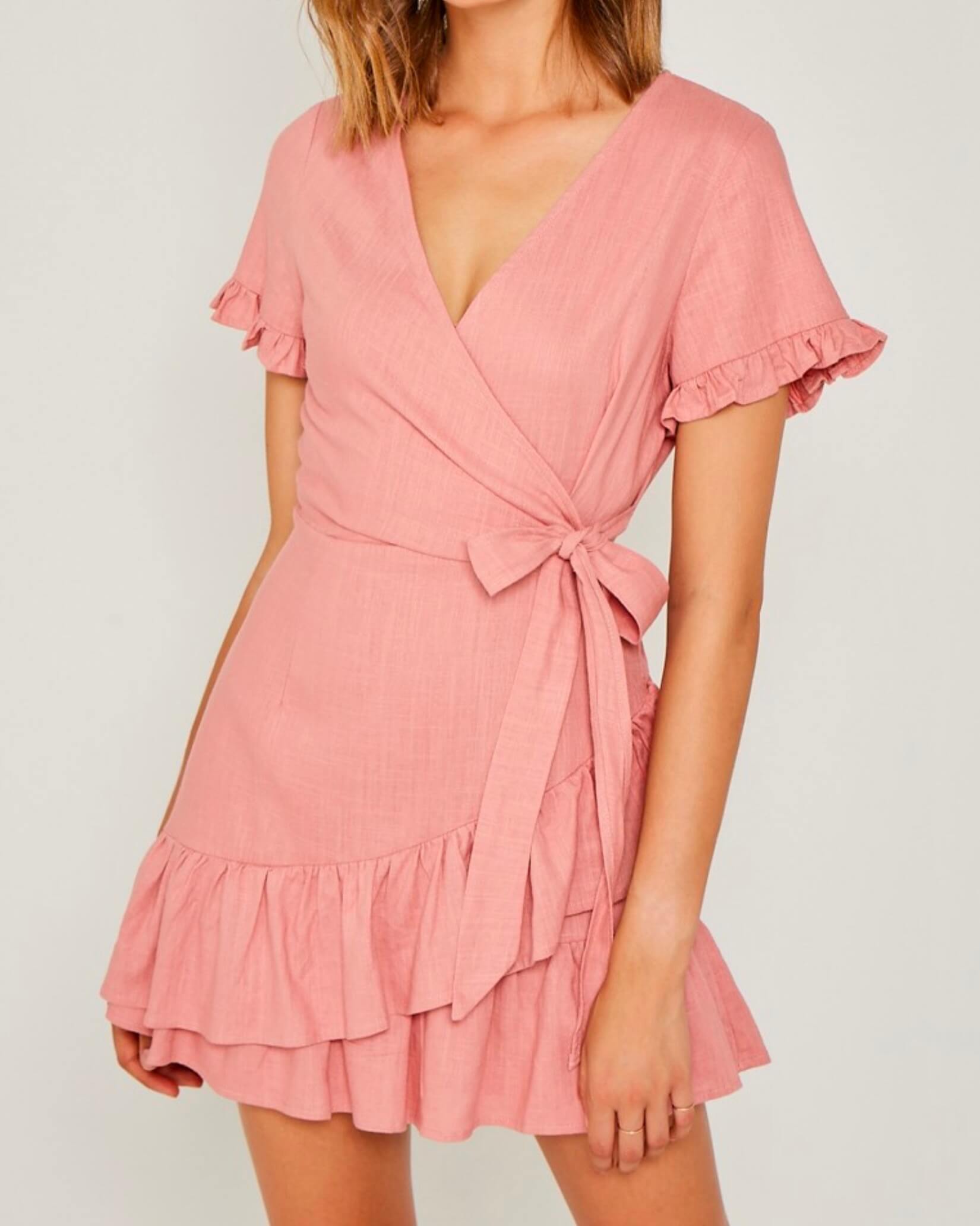 pink ruffle wrap dress