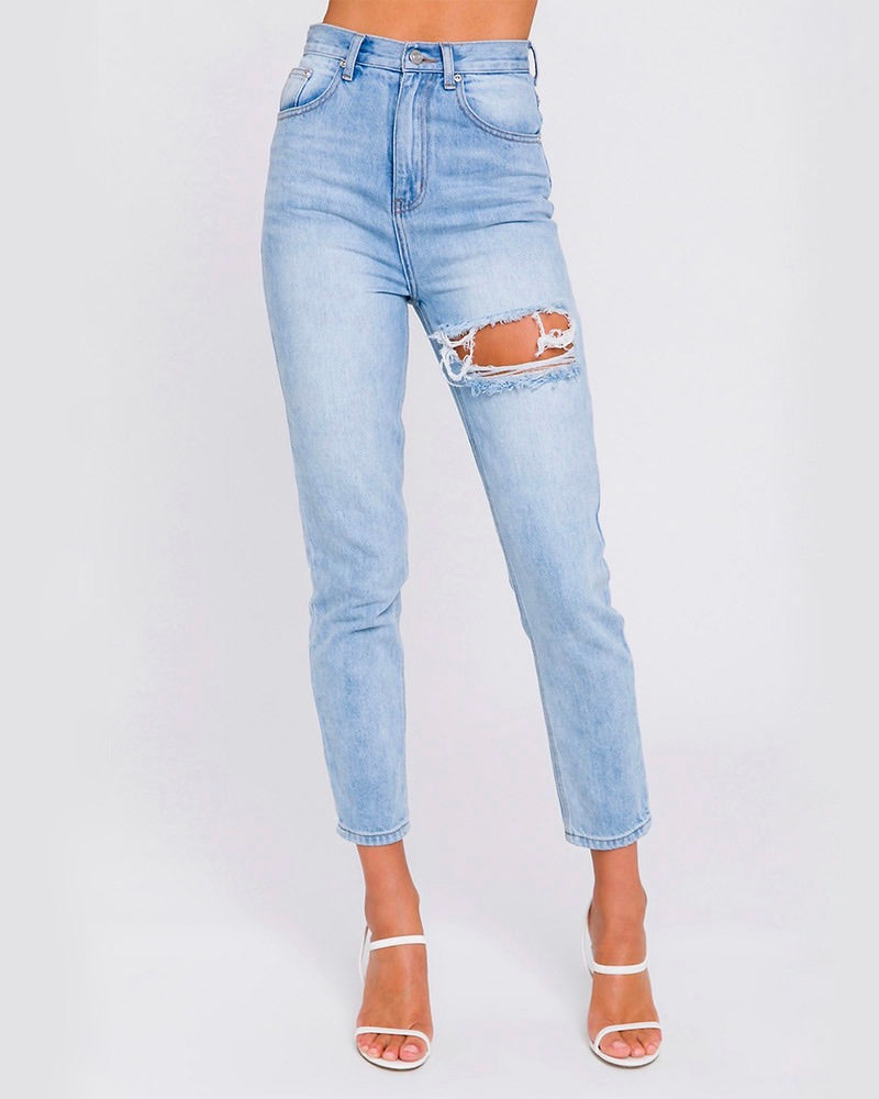 high waist distressed mom jeans