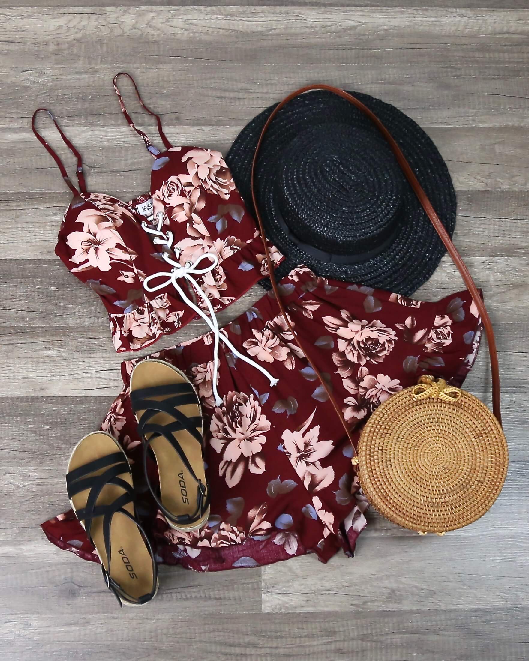 FINAL SALE - Reverse - Burgundy Floral Two Piece Set with Ruffle Hem ...