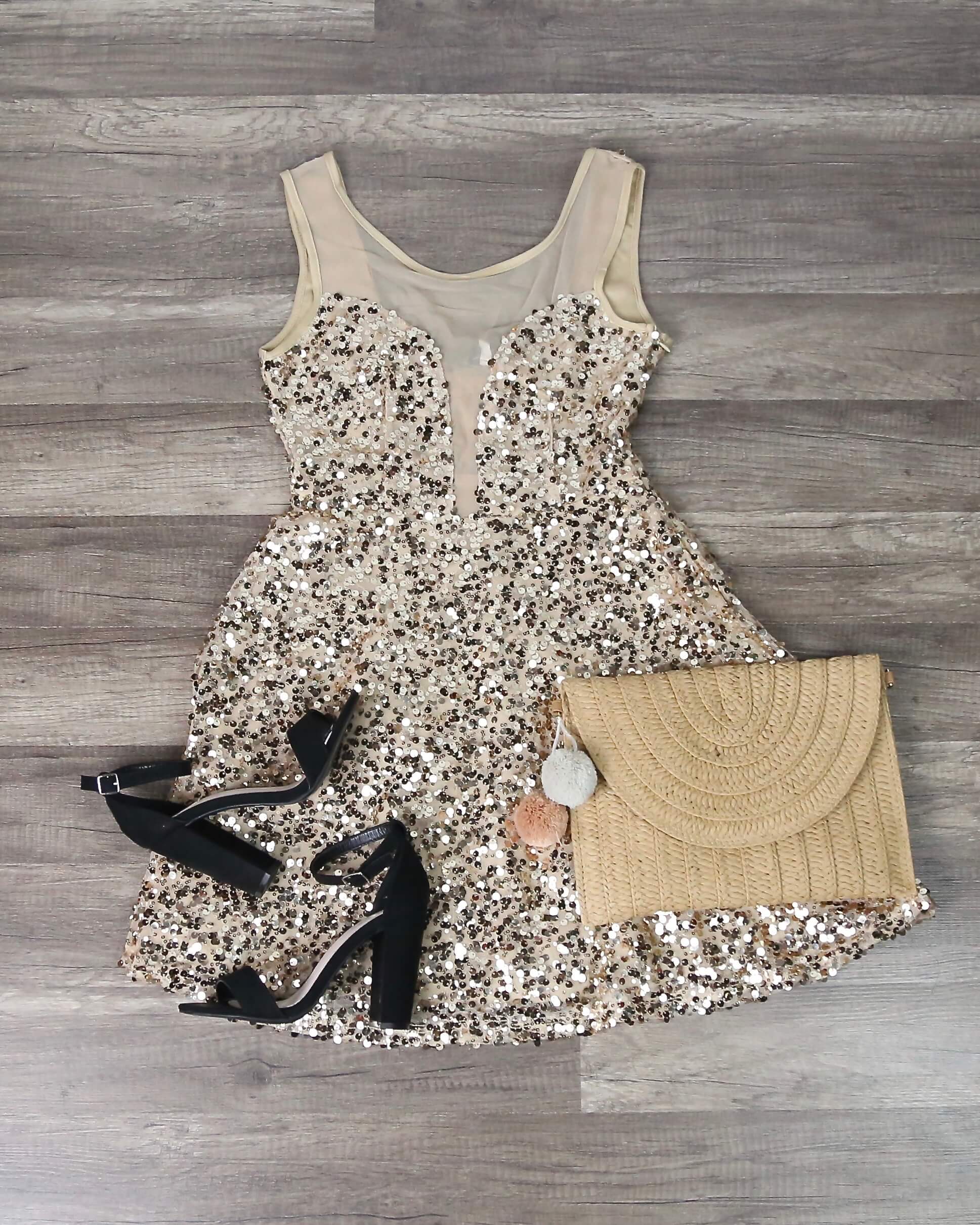 Midnight Rendezvous Gold Sequin Darling Party Dress in Gold – Shop Hearts