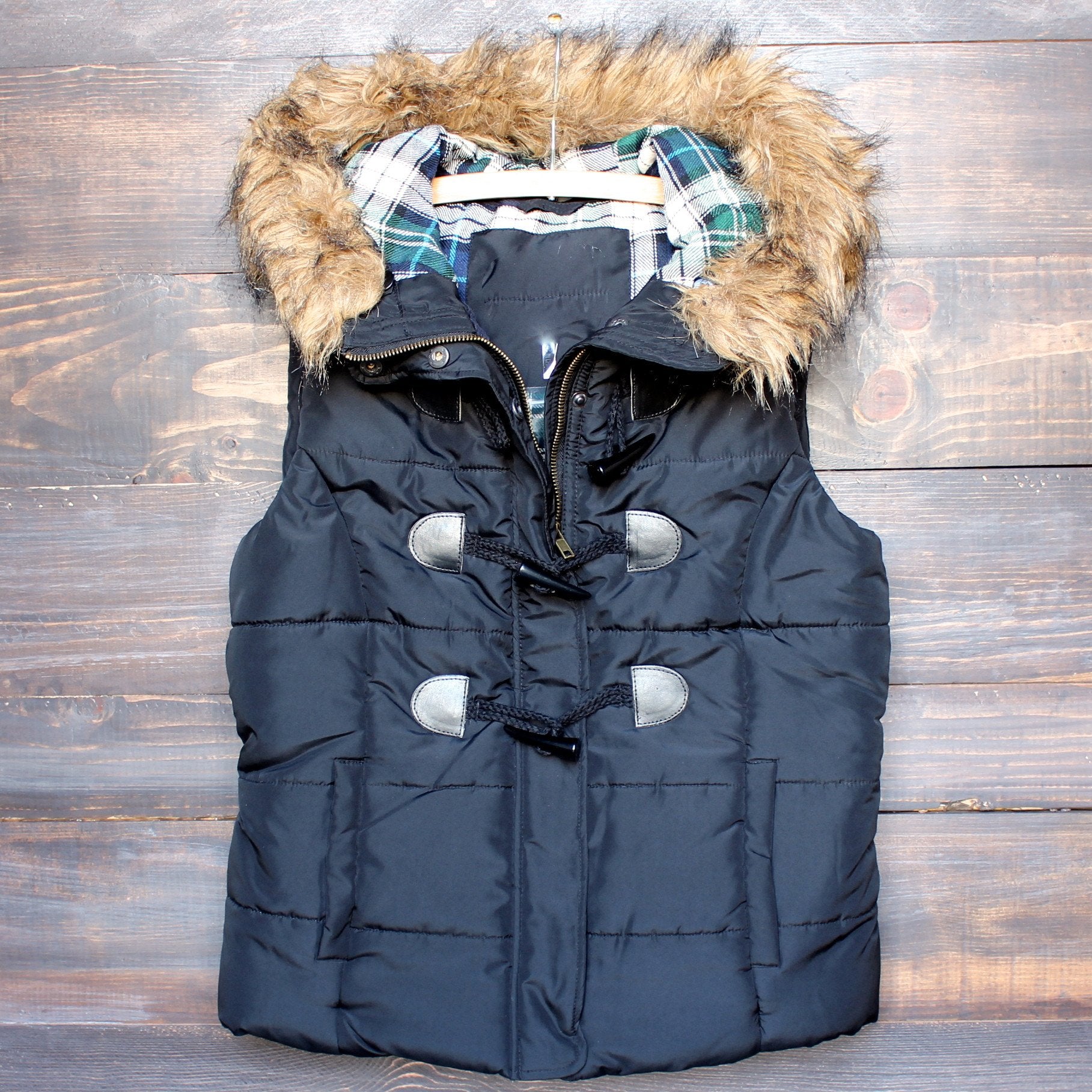 puffer vest with fur hood