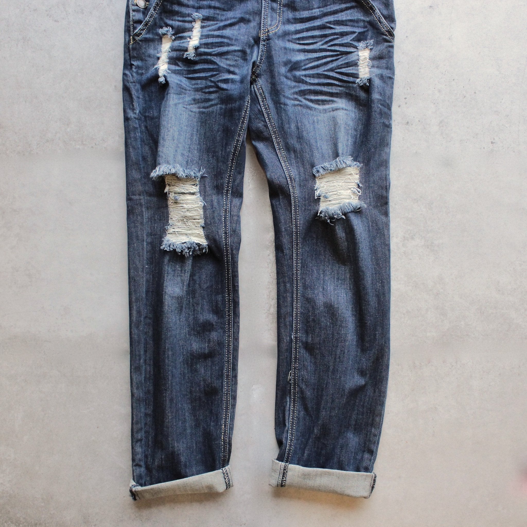 ripped denim medium wash overalls