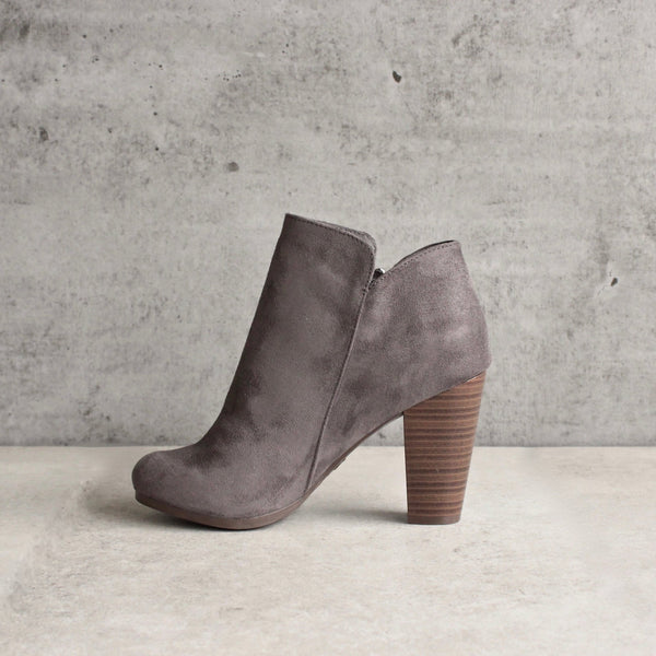 almond toe stacked heel vegan suede booties - grey – shophearts