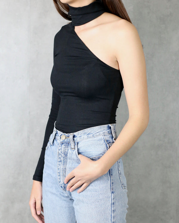 Oasis One Shoulder Turtleneck Ribbed Knit Top in Black Shop