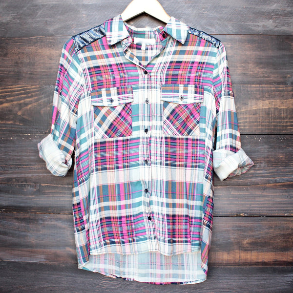 button up plaid shirt with dazzling blue sequins – shophearts