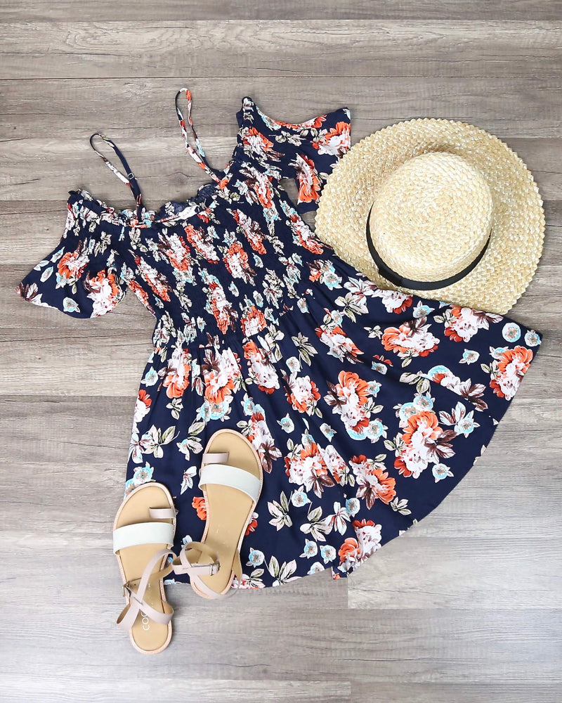 Final Sale - Smocked Cold Shoulder Romper in Navy Floral Print – Shop ...