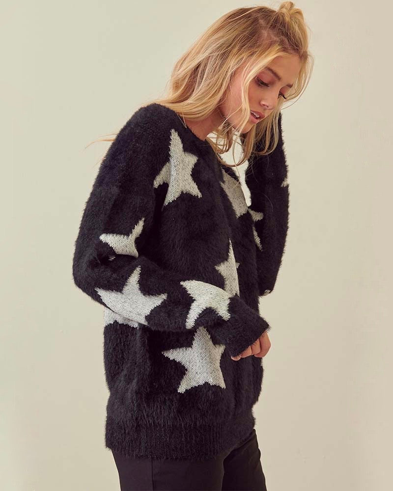 Starry Night Star Patterned Fuzzy Sweater in Black – Shop Hearts