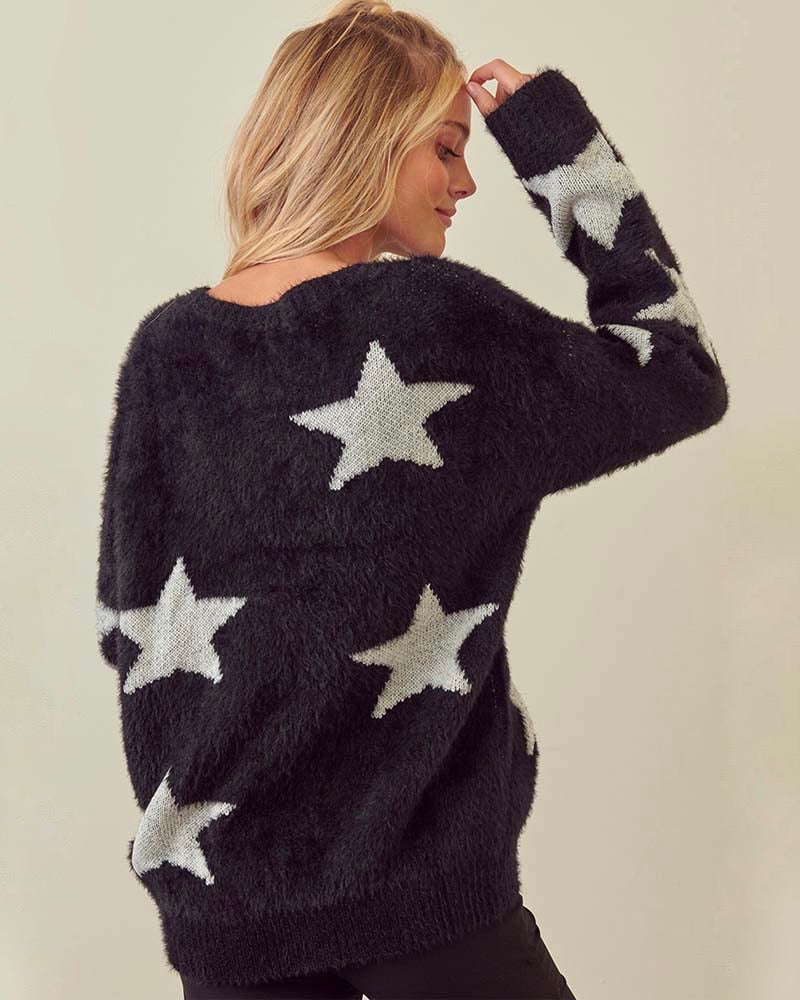 Starry Night Star Patterned Fuzzy Sweater in Black – Shop Hearts