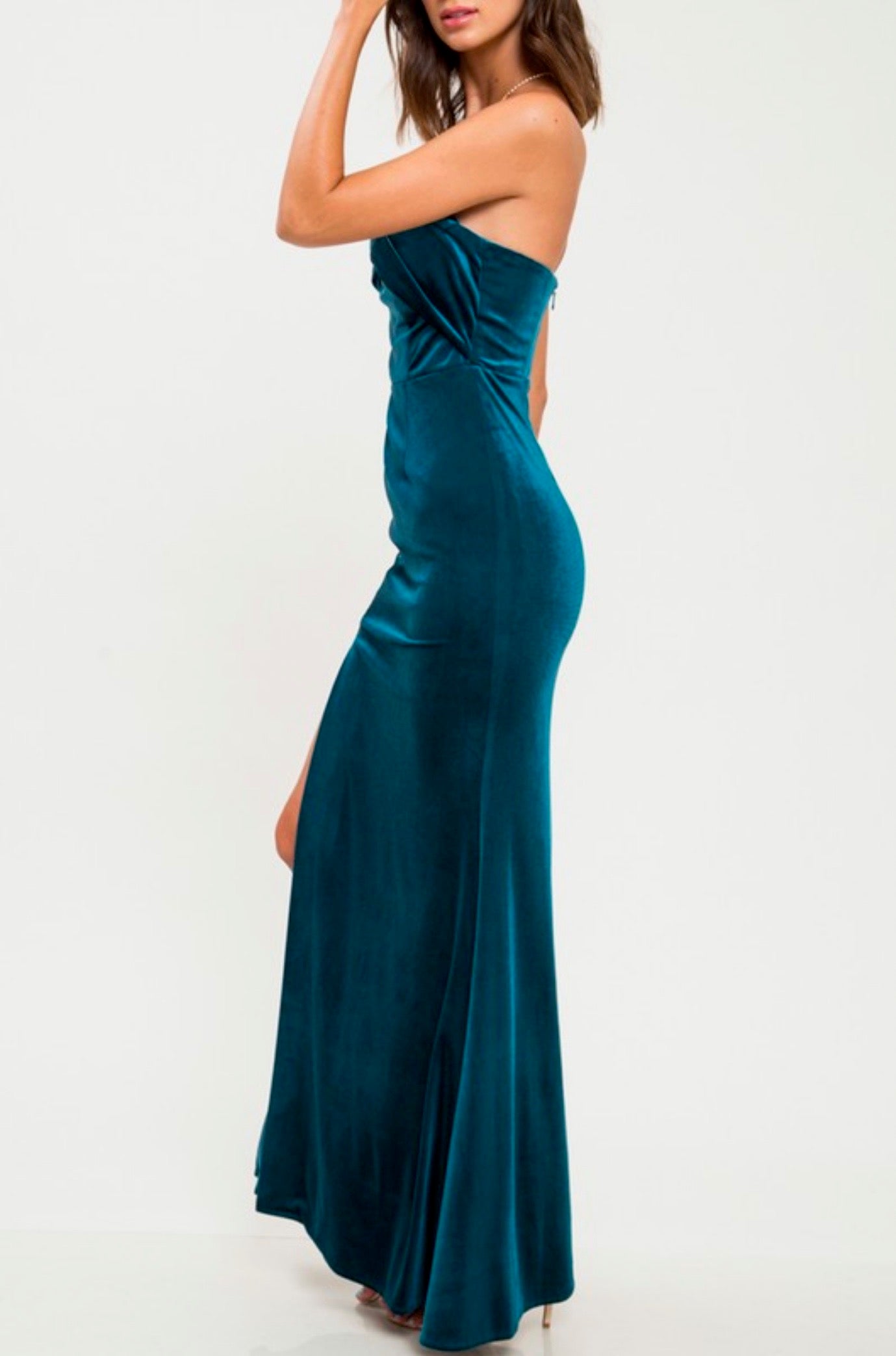 teal velvet maxi dress